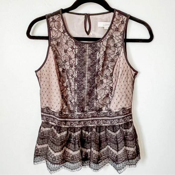 NWOT Ann Taylor Loft Lace Peplum Sleeveless Top XS Petite Black Cream/Blush Pink - Picture 2 of 12